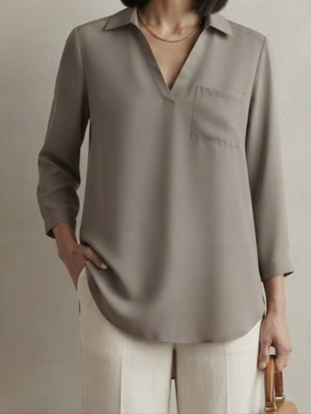 Jessica Taupe V-Neck Collar Blouse